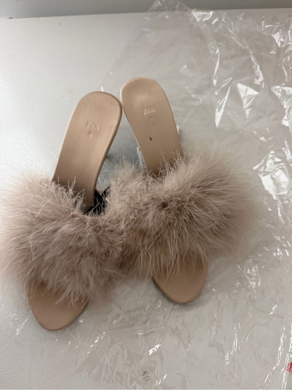 Zara Beige Feather-Trim Slide Mules - Picture 4 of 5
